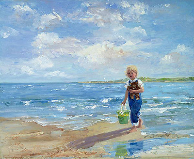 #ad Beautiful Oil painting lovely little girl playing by the beach amp; waves canvas $81.99