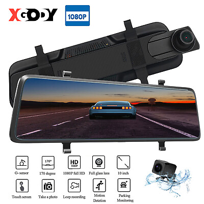 #ad XGODY 10quot; Full Touch HD Car Dual Lens DVR Rear View Mirror Video Dash Camera Cam $44.99