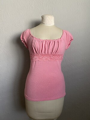 #ad One Step Up Pink Polka Dots Short Sleeve Shirt Top Blouse Size Medium $25.00