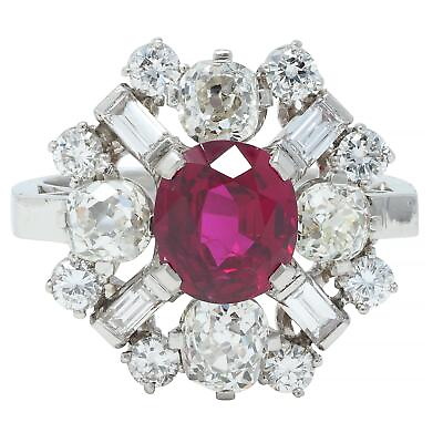 #ad 1950#x27;s Vintage 4.53 CTW Thai Ruby Diamond Platinum Burst Cluster Ring GIA $14800.00