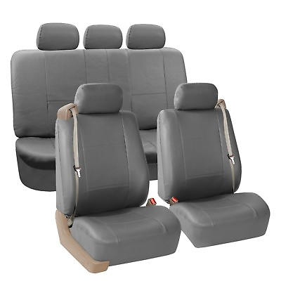 #ad PU Leather Seat Covers Full Set For Built In Seat belt Car Sedan SUV Solid Gray $59.99