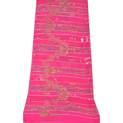 #ad Sanskriti Vintage Long Pink Dupatta Stole Pure Chiffon Silk Hand Beaded Scarves $64.99