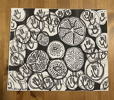 #ad Original Abstract Sketch Painting Canvas Black White Signed “Happy Fruits” RARE $46.48