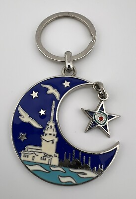 #ad Silver Tone Crescent Moon W Blue Enamel Of Turkey Keychain By Elif . $13.95
