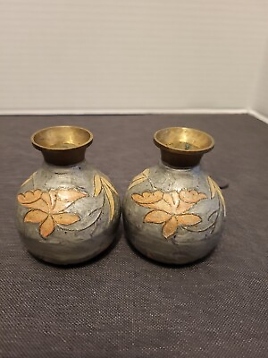 #ad 2 Vintage Solid Brass With Flora Enamal Small Vases $22.00