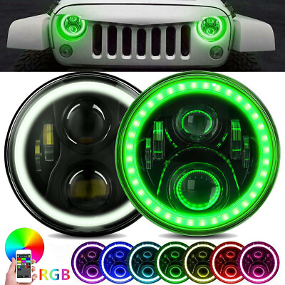 #ad 2PCS 7#x27;#x27; Inch Round Halo RGB LED Headlights w APP for Jeep Wrangler JK LJ TJ CJ $87.99