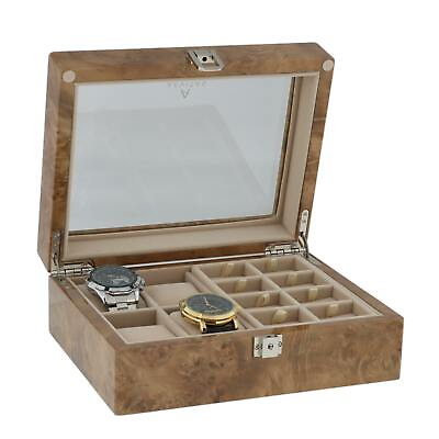 #ad Light Burl Walnut Wood Collectors Box for 4 Watches and 16 Pair Cufflinks by Aev GBP 189.00