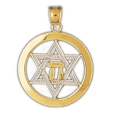 #ad 14K Yellow Gold Star of David with Chai 2 Tone Pendant Made in USA $169.99
