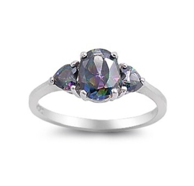 #ad .925 Sterling Silver Oval and Heart Shape Rainbow Topaz CZ Fashion Ring Size 6 $14.95