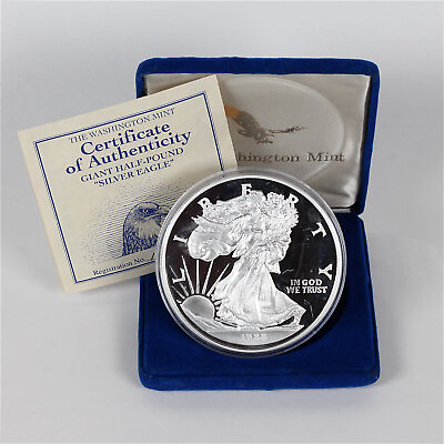 #ad 1988 Washington Mint Giant Half Pound Eagle 8 oz .999 Fine Silver Proof Round $295.00