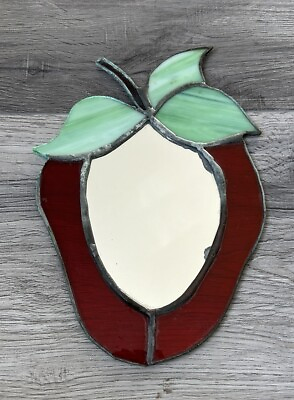 #ad Vintage Art Stained Glass Mirror Strawberry Red Green Trinket Tray $20.48