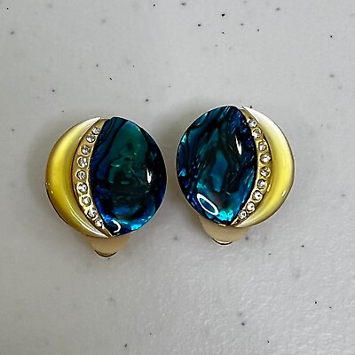 #ad Clip on Earrings Blue Swirl Rhinestone Yellow Gold Tone Circle Swirl Abalone $14.99
