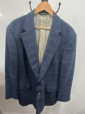 #ad Mens Paul Stuart Blue Windowpane Wool Sport Coat Size 45 Tall Long $89.98