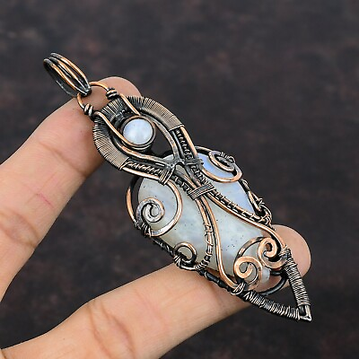 #ad Rainbow Moonstone Wire Wrapped Pendant Handcrafted Copper Unique Gift 3.94quot; $24.30