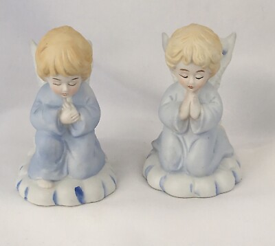 #ad 2 Vintage Porcelain Bisque Praying Kneeling Angel Candle Holders Taiwan R.O.C. $17.86