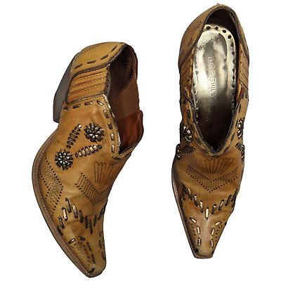#ad Vtg Y2K BCBGirls Tan Leather Snip Toe Whipstitch Floral Western Ankle Boots 8 $45.00