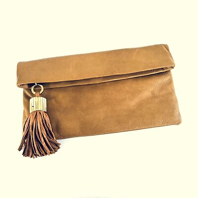 #ad India Hicks CARMEN Clutch With Tassel Camel Color Leather $49.99