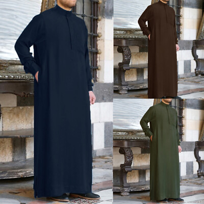 #ad #ad US STOCK Men#x27;s Muslim Long Sleeve Abaya Dubai Thobe Islamic Jubba Kaftan Dress $23.45
