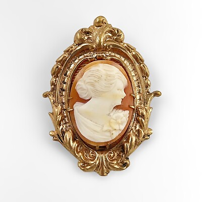 #ad Antique GF Ornate Frame CARVED SHELL CAMEO PORTRAIT Brooch Pin $75.00
