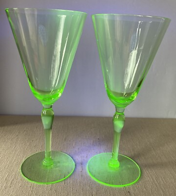 #ad Tiffin UV Uranium Depression Green Wine Glasses Set 2 GLOWS Cocktail Barware $49.95