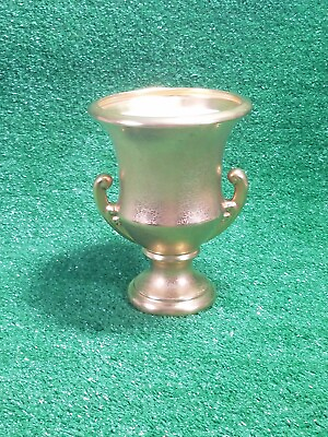 #ad Gold Painted Ceramic 8quot; Vase Urn Style Floral Inscrbed w Double Offset Handles $16.99