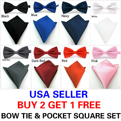 #ad Men#x27;s Bow Tie Bowtie amp; Pocket Square Hanky Set Solid Color Wedding Party Prom $7.59