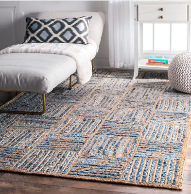 #ad runner Rug 100% Natural Denim Jute Handmade carpet rustic look living area rug $50.31