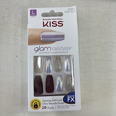 #ad Kiss Nails Glam Fantasy Dark Red Silver Sparkle Coffin Long Lgth KGF102F $7.99