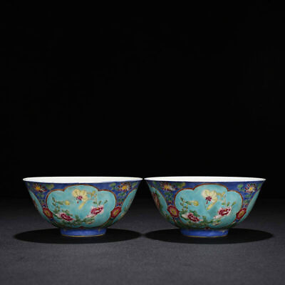 #ad 5.90#x27;#x27;Qing Dynasty Kangxi Blue enamel Four Seasons flower pattern bowl a pair $800.00