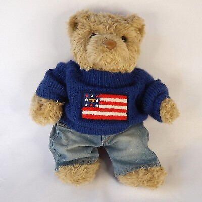 #ad Vtg #x27;97 Build Bear Curly Teddy Bear 15quot; Tan Pad Paws USA Flag Knit Sweater Jeans $36.95