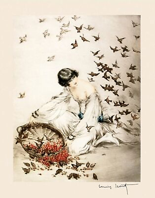 #ad Lady Feeding Birds by Louis Icart art painting print $8.09