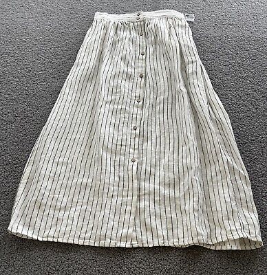 #ad Rachel Zoe Women Ivory Stripe Button Down Preppy Linen Blend Midi Skirt Sz S New $39.00