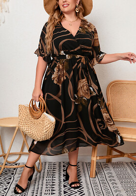 #ad Plus Size Contrast Golden Floral Dress $29.99