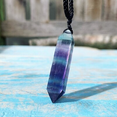 #ad Natural Rainbow Fluorite Stone Wand Pendant Fluorite Crystal Point Necklace $12.90