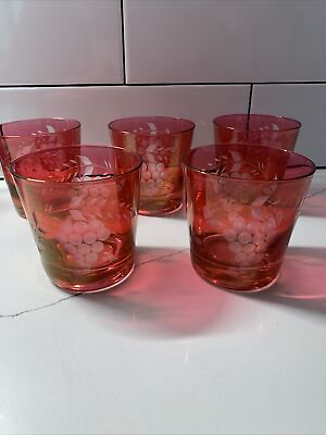 #ad Vintage Cranberry Glasses Etched Grape amp; Leaf Red Flash Glass MCM Cocktail Set 5 $29.99