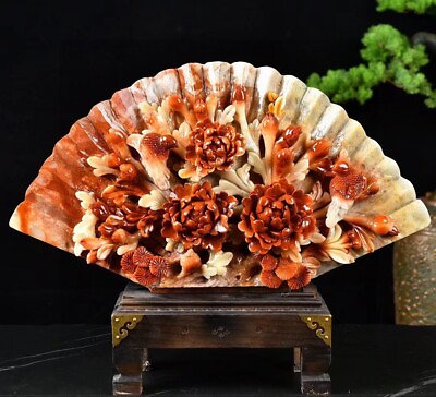#ad home decor Shoushan stone hand sculpture beautiful folding fan flower bird $799.00