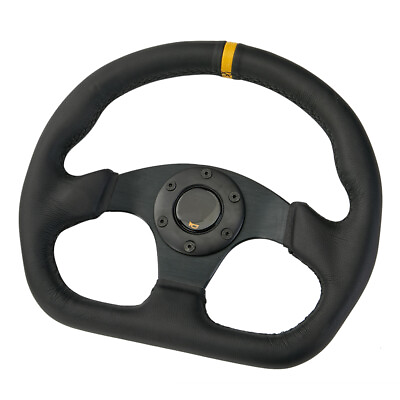 #ad Universal 13#x27;#x27; 320mm Racing Flat Drift Sport Leather Steering Wheel Black Horn $50.69