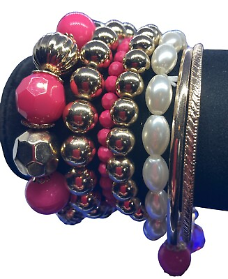 #ad 7 Pcs Pink amp; Gold Stretch Beaded amp; Bangle Bracelets Set Fashion Jewellery GBP 6.49