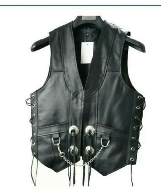 #ad Mens Black Original Cow Leather Vest Chain Concho Motorcycle Biker Waistcoat New $62.31