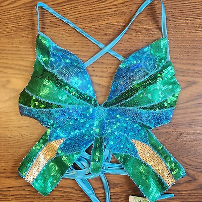 #ad Green Blue Sequin Butterfly Top Sz Small Britney Spears Costume Slave For You $12.99