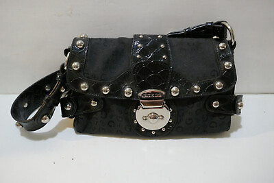 #ad Vintage Guess Black Cloth w Black Trim Saddle Bag Handbag Purse $41.95