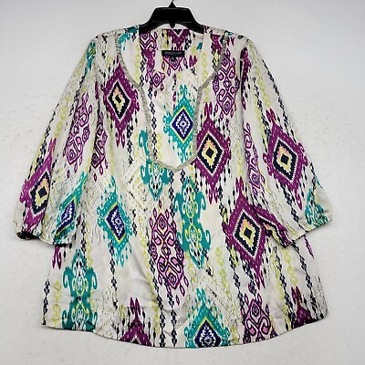 #ad Jones New York Shirt Womens Plus 2X Purple Diamond 3 4 Sleeve Top Blouse $19.99