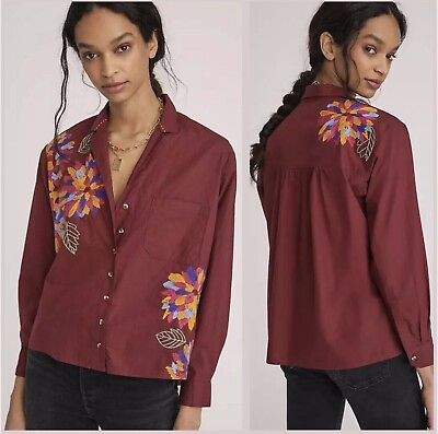 #ad Anthropologie Maeve Embroidered Buttondown Shirt Size 6P in Burgundy $19.00