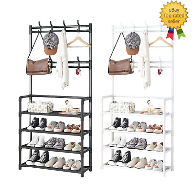 #ad Freestanding Metal Coat Rack with Shoe storage Shelf Organizer for Hang Clothes $20.99