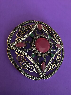 #ad LOVELY LARGE STARBURST RUBY RED OPAQUE GLASS RHINESTONE FILIGREE BROOCH PENDANT $27.99