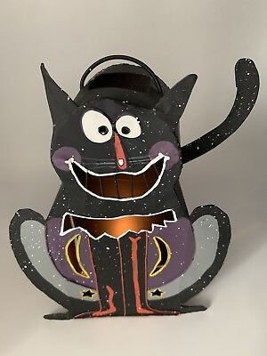 #ad Whimsical Cat Tin Tea Light Halloween 10” Lantern $16.99