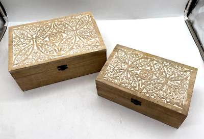 #ad Set of 2 Mandala Carved Wooden Box Home Décor Keepsake Box Farmhouse Modern $39.09