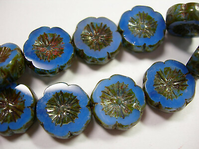 #ad 10 beads Cornflower Blue Picasso Czech Glass Flower Beads 14mm $7.19