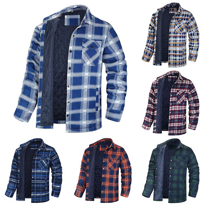 #ad Men#x27;s Flannel Plaid Lapel Fleece Lined Winter Jacket Warm Winter Coat Sweatshirt $12.99