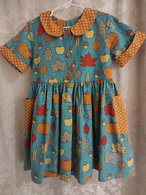 #ad Eleanor Rose Fall Dress Leaves Pumpkins amp; Acorns Large Pockets Girls Size 6 7 $35.99